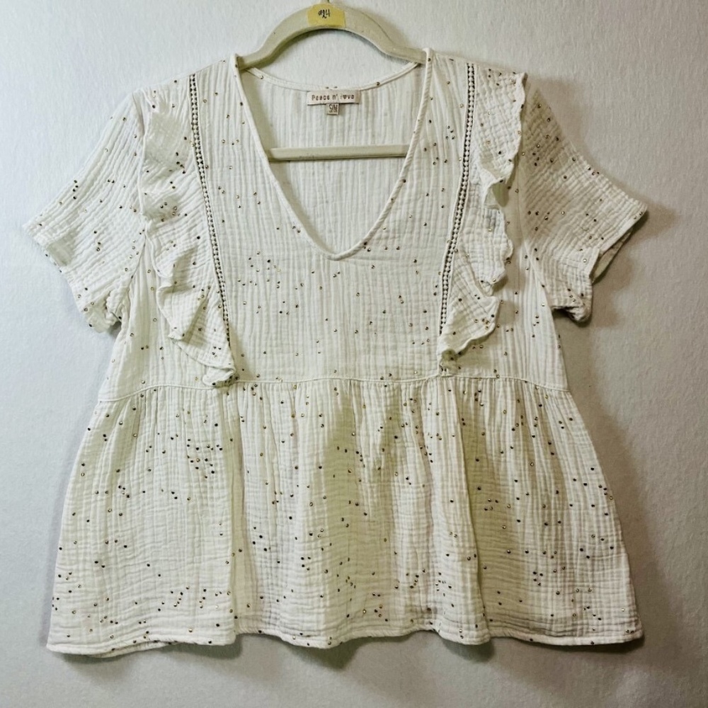 Peace n' Love White Gauze Cotton Frock Top Gold Dot Detail Size S/M Feminine